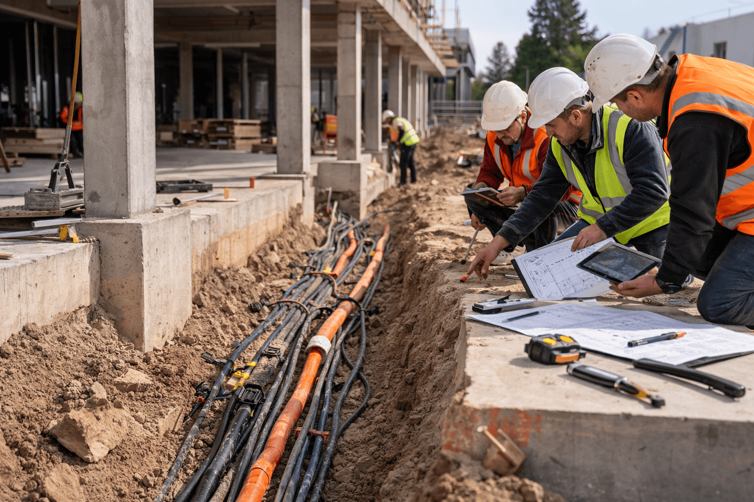 Kabelverlegung auf Gewerbebaustelle mit Fokus auf saubere Leitungsführung und Fehlervermeidung